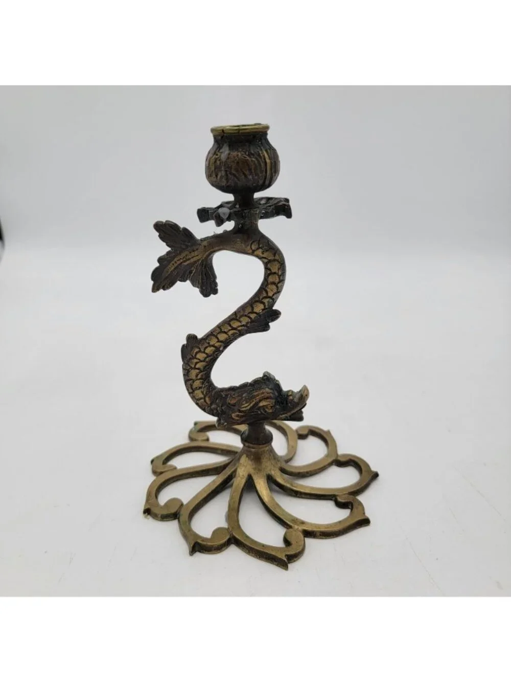 Vintage Pair of Brass Heraldic Dolphin Fish Sea Serpent Candlestick Holders